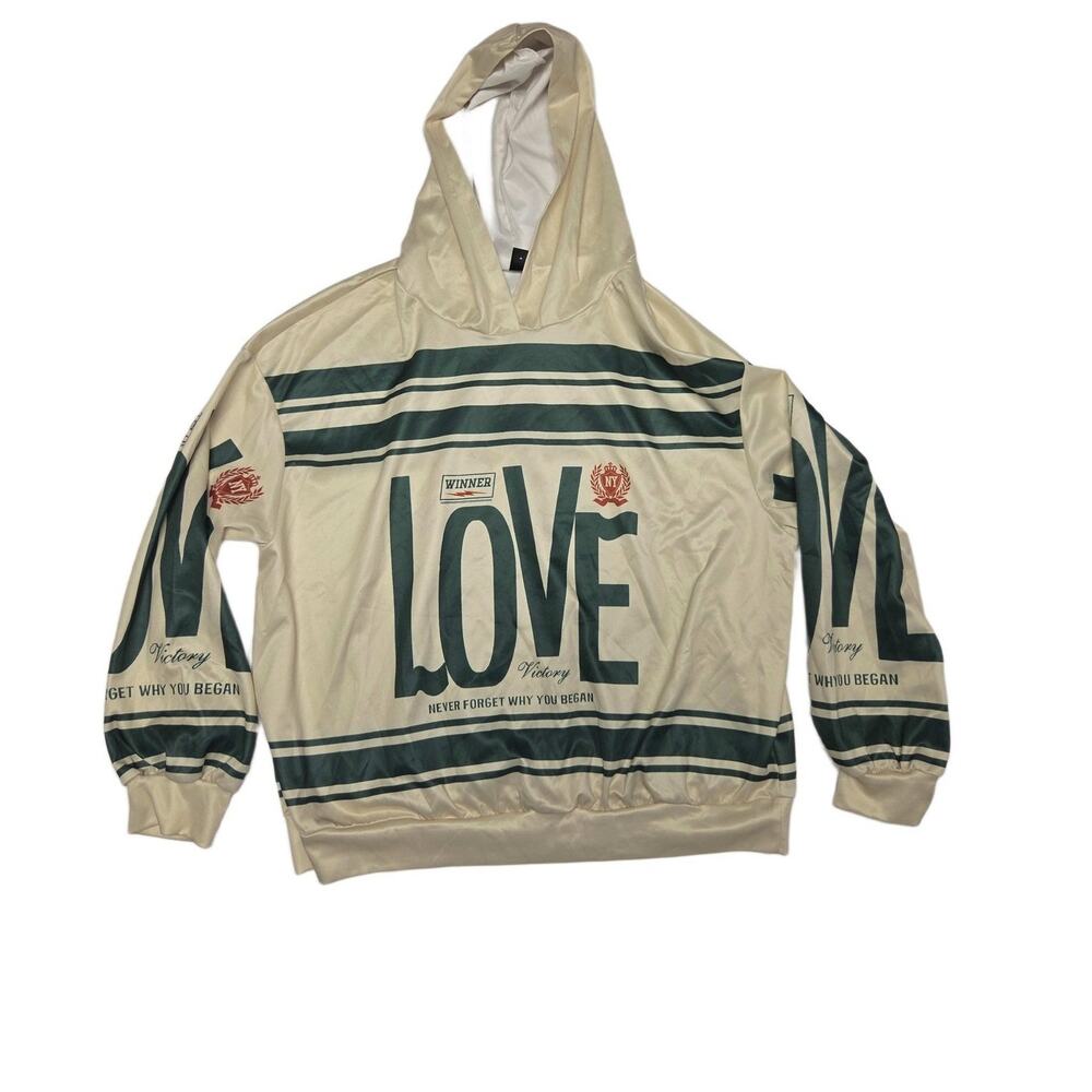 SHEIN Women Cream Green LOVE Graphic Long Sleeve Pullover Hoodie Size L